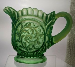Vintage Green Uranium Glass Footed Creamer - Small Pitcher with Floral Pattern 3
