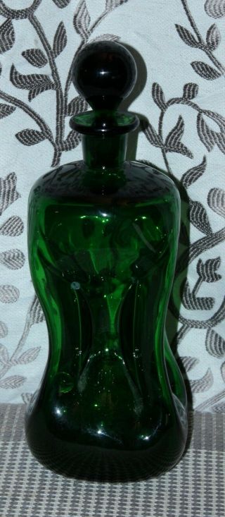 Mid Century Vintage Holmegaard Green Glass Pinched Decanter Bottle