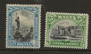 Malta Sg 207/8 1930 " Postage & Revenue " 3/ - & 5/ - Fine Mounted