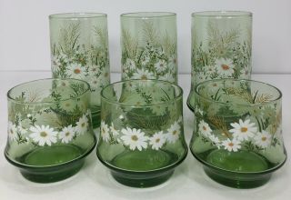 Set Of 6 Vintage Libbey Apollo Daisy Green Tumbler Juice Glasses Set Of 3 Each