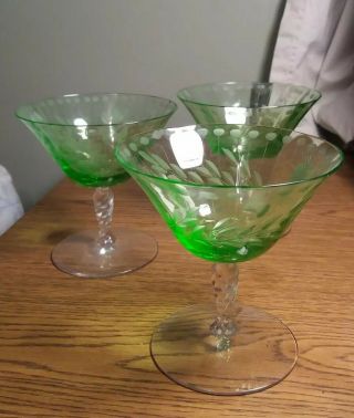3 Vintage Antique Fostoria Short Stemmed Green Cut Bowl Clear Swirl Stem Glass