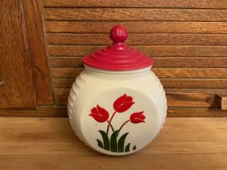 Vintage Fire King Vitrock Red Tulip Grease Jar With Lid