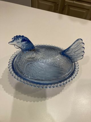 Vintage Indiana Glass Light Blue Chicken Hen On Nest Covered Dish,