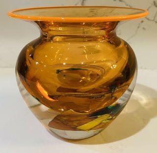 2010 Signed Hand Blown Modern Art Glass Vase Orange & Multi - Colored