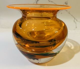 2010 Signed Hand Blown Modern Art Glass Vase Orange & Multi - Colored 3