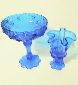2 Vtg Fenton Colonial Blue - 1cabbage Rose Compote/1valencia Handkerchief Vase