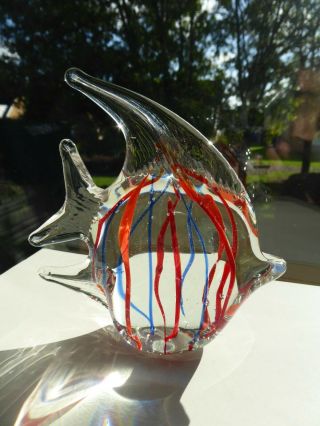 Vintage Murano Art Glass Angel Fish Figurine Blue And Red Stripes