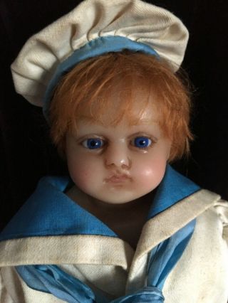 Wonderful 17 Inch Antique English Poured Wax Boy Doll Victorian Sailor Costume