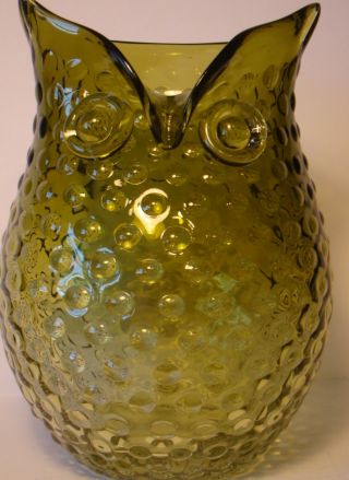 Owl Vase Pitcher Green Glass Hobnail Handblown Mid Century 8 1/2 " X 6 "