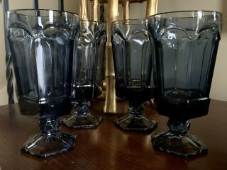 Vintage Set Of 4 Fostoria Virginia Dark Blue Glass Iced Tea Goblets