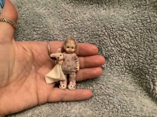 Miniature Handmade Baby Girl Toddler & Bunny Rabbit Blanket Ooak Dollhouse Doll
