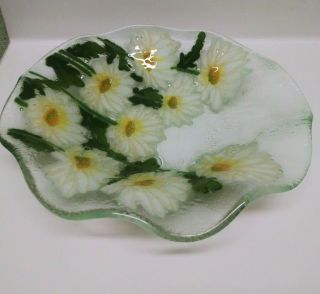 Signed Peggy Karr Art Glass Daisy Daisies Scalloped Edged Bowl 10 1/2 Inches