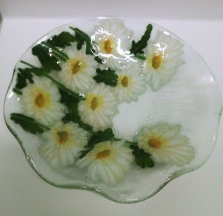 Signed Peggy Karr Art Glass Daisy Daisies scalloped edged Bowl 10 1/2 inches 2