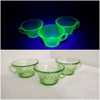 Vtg Anchor Hocking Uranium Vaseline Glass Block Optic Swirl Coffee Tea Cups