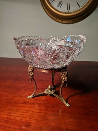American Brilliant Period Antique 8 " Crystal Bowl With Rams Head Stand