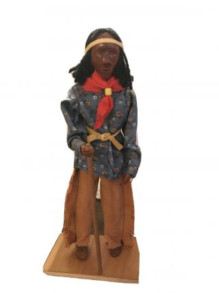 Cherokee Indian Brave Carved Wood Doll Figure By Richard & Berdina Crowe - Vintage