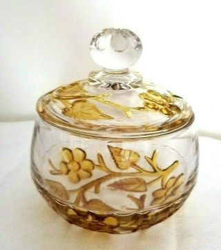 Vintage Clear Glass With Gold Leaves And Flowers Embedded Candy Dish With Cover