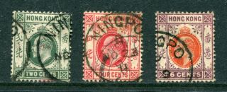 1907/11 Hong Kong Kevii 3 X Stamps With Treaty Port Ningpo Cds Pmk