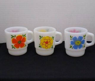Set Of 3 Fire King Milk Glass Flower Mugs 2 - 70 