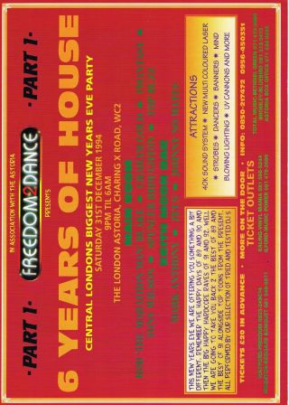 FREEDOM 2 DANCE Rave Flyer Flyers 31/12/94 A4 The Astoria London Art by Pez Rare 2