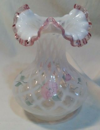 Vintage Fenton Glass Vase Hand Painted Signed Ra Stewart