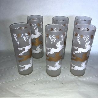 6 Vintage Mid - Century Libbey Cavalcade Horse Glasses Frosted Gold & White