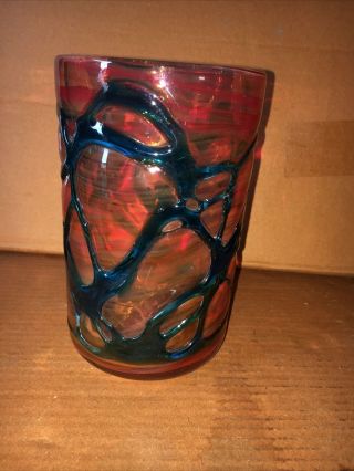 1970’s Mdina Art Glass Vase,  Red With Blue Glass Trails,  Unsigned