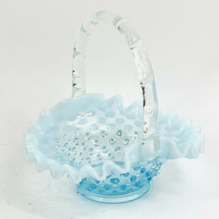 Vintage Fenton Blue Opalescent Hobnail Ruffled Basket 5 1/2” Tall And Wide.