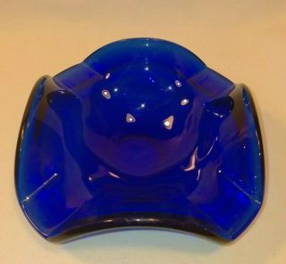Vintage Blue Glass Square Ashtray Unusual Scalloped Design In 3