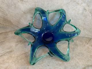 Vintage Murano Hand Blown Blue Green Glass Bowl Star Fish Shaped