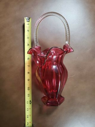 Vintage Fenton Cranberry Glass Basket Vase With Clear Glass Rope Handle 11 " Tall