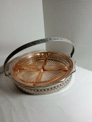 Pink 9 " Depression Glass 4 Section Divided Relish Dish With Metal Pierced Caddy
