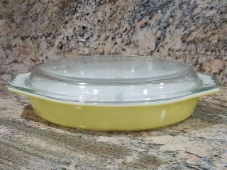 Pyrex Divided Dish & Lid Yellow Mid Century 1 1/2 Qt Vintage