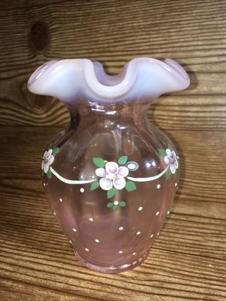 Vintage Fenton Art Glass Hand Painted Vase Pink W/opalescent Ruffled Rim