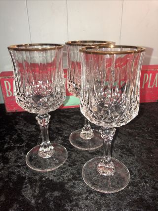 Crystal Cut Glass Heavy Wine Goblets With Gold Rims - Set Of 3