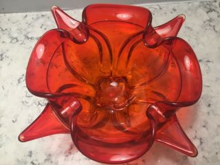 Mid Century Modern Hand Blown Flower Art Glass Bullicante Bowl Dish Red