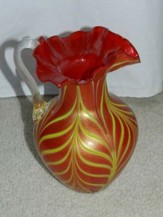 Vintage 9 " Red & Yellow Ruffled Art Glass Vase Pitcher Clear Handle Hand Blown