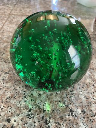 Vintage Large Round Green Glass Ball Paperweight With Bubbles