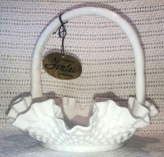 Vintage Fenton Large Milk Glass Hobnail Ruffled Crimped Basket With Handle 7.  5 "