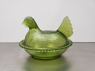 Vintage Indiana Glass Olive Green Nesting Chicken Hen Bowl Covered Candy Dish 7 "