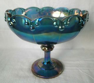Vintage Carnival Glass Iridescent Blue Pedestal Bowl