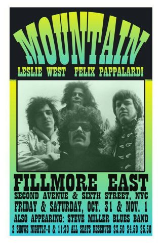 Leslie West & Mountain At Fillmore East Concert Poster 1970 