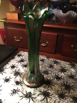Antique Fenton Carnival Glass Vase Diamond And Ribbed Green 10.  5” No Chips/crack