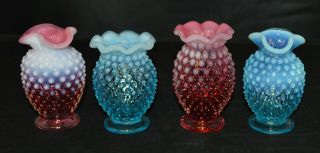 4 Vintage Fenton Cranberry / Blue Opalescent Hobnail Vases -