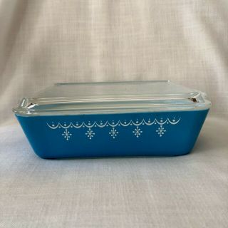 Pyrex Blue Snowflake Garland 503 Refrigerator Dish And Lid 1&1/2 Qt Vtg
