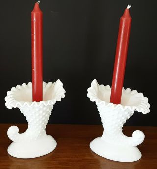 Fenton Milk Glass Cornucopia Candle Holders White Hobnail Set Of 2 Vintage