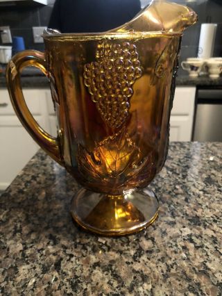 Vintage 10.  5 " Indiana Carnival Glass Pitcher Amber Iridescent Harvest Grape
