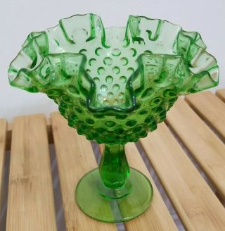 Vtg Fenton Colonial Green Hobnail Glass Compote Ruffled Rim Footed Candy Dish