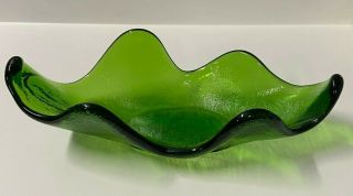 Vintage Hand Blown Green Art Glass Large Table Centerpiece Bowl -