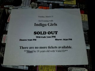 Indigo Girls 2001 Asheville Nc The Orange Peel Venue Sign Notice